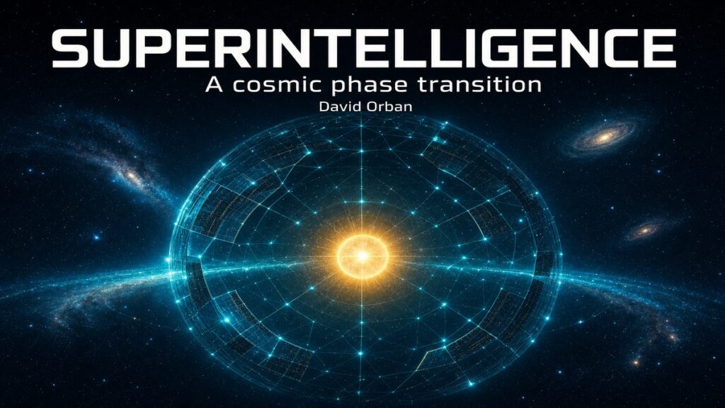 A Dyson sphere of cyan light enclosing a golden star, distant galaxies beyond — cover for David Orban's essay on superintelligence