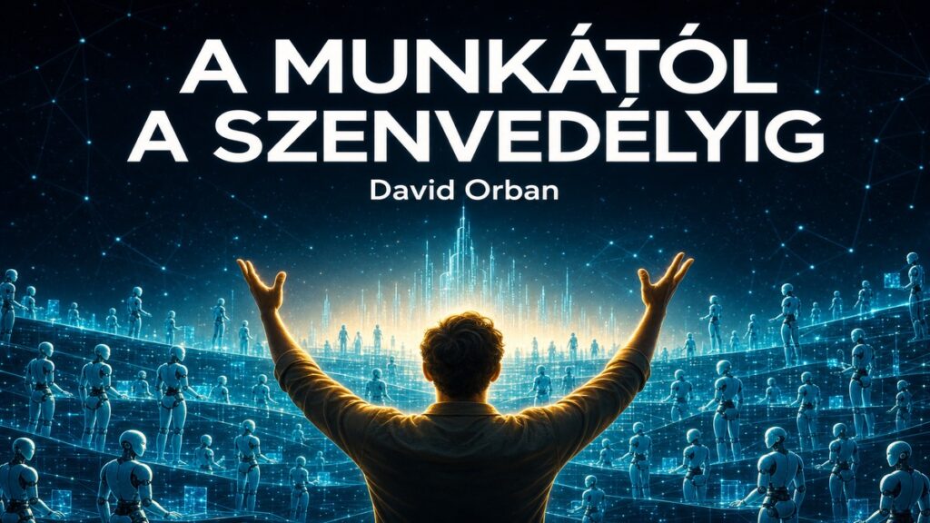 Alkotó mozdulattal karját emelő ember humanoid robotok fényhálózata előtt — David Orban esszéjének borítója