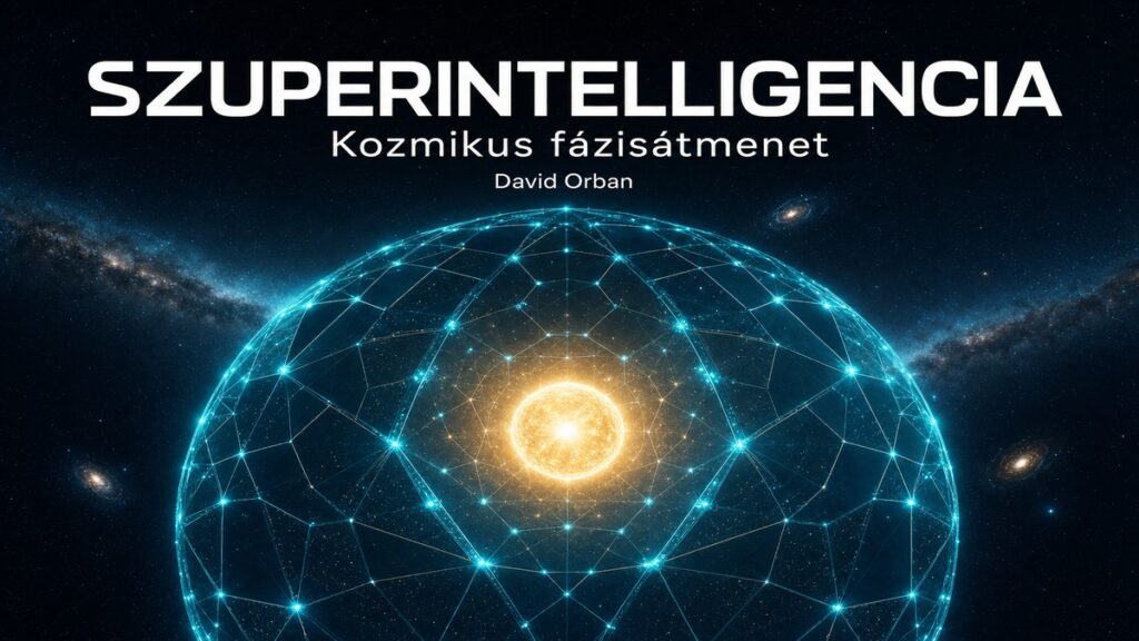 Cián fényből álló Dyson-gömb egy aranyszínű csillag körül, távoli galaxisokkal — David Orban szuperintelligenciáról szóló esszéjének borítója