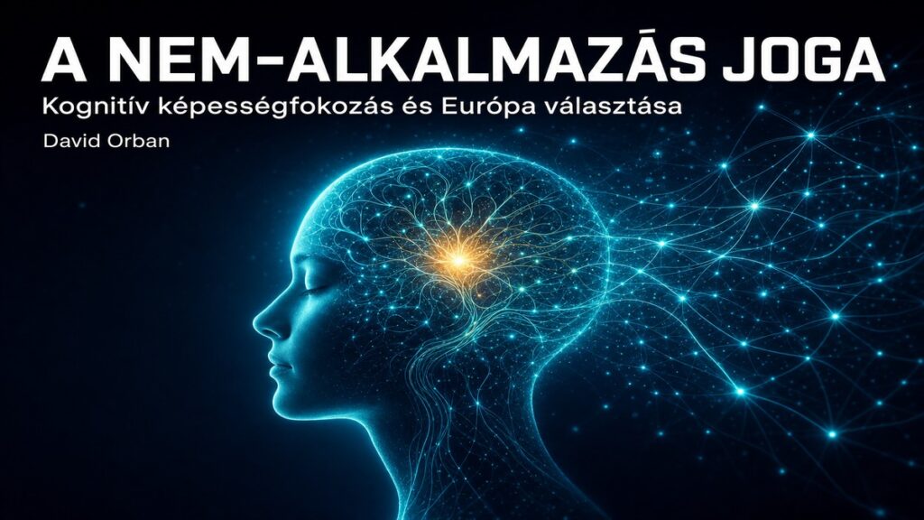 Cián fényből álló emberi fej profilból, az elméből kibomló idegi szálakkal és arany szikrával — David Orban esszéjének borítója