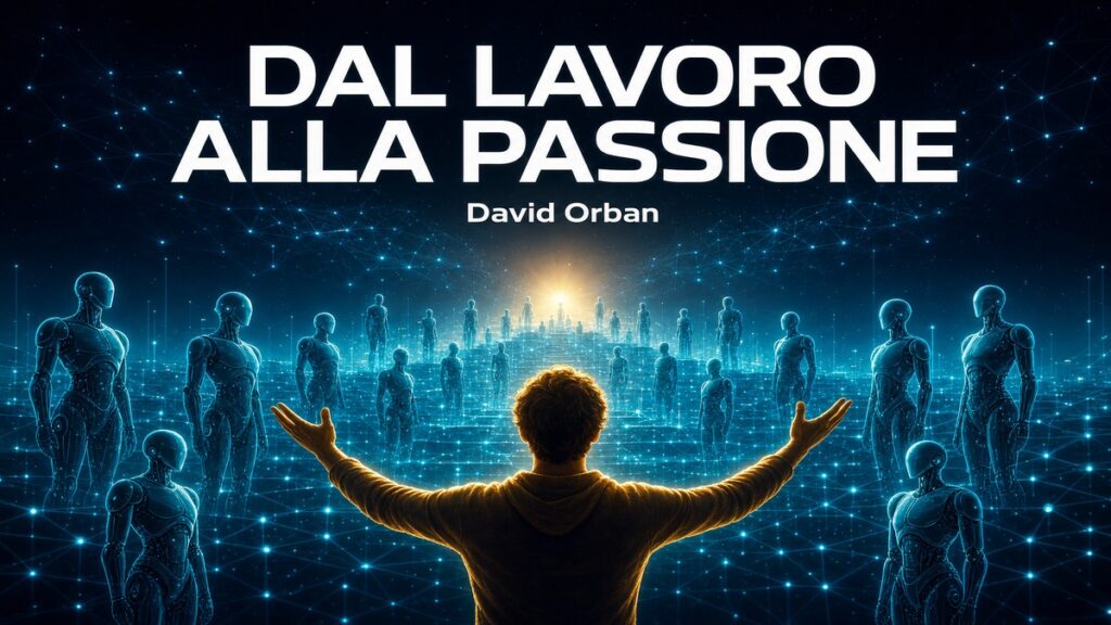 Una persona con le braccia alzate nell'atto di creare, davanti a robot umanoidi come infrastruttura luminosa — copertina del saggio di David Orban