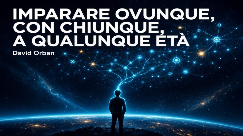 Figura solitaria davanti a una costellazione cosmica della conoscenza — copertina del saggio di David Orban