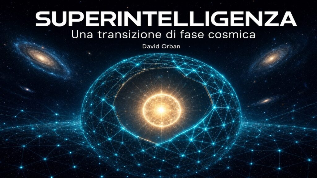 Una sfera di Dyson di luce cyan attorno a una stella dorata, galassie lontane sullo sfondo — copertina del saggio di David Orban sulla superintelligenza