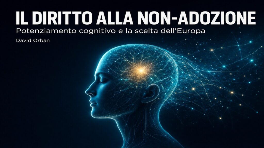 Un volto umano di profilo in luce cyan, filamenti neurali dalla mente con una scintilla dorata — copertina del saggio di David Orban