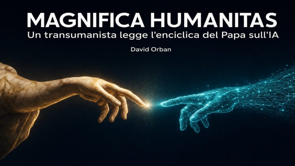 Una mano umana di marmo e una mano di circuiti cyan che si protendono l'una verso l'altra, una scintilla tra loro — copertina della risposta di David Orban a Magnifica Humanitas