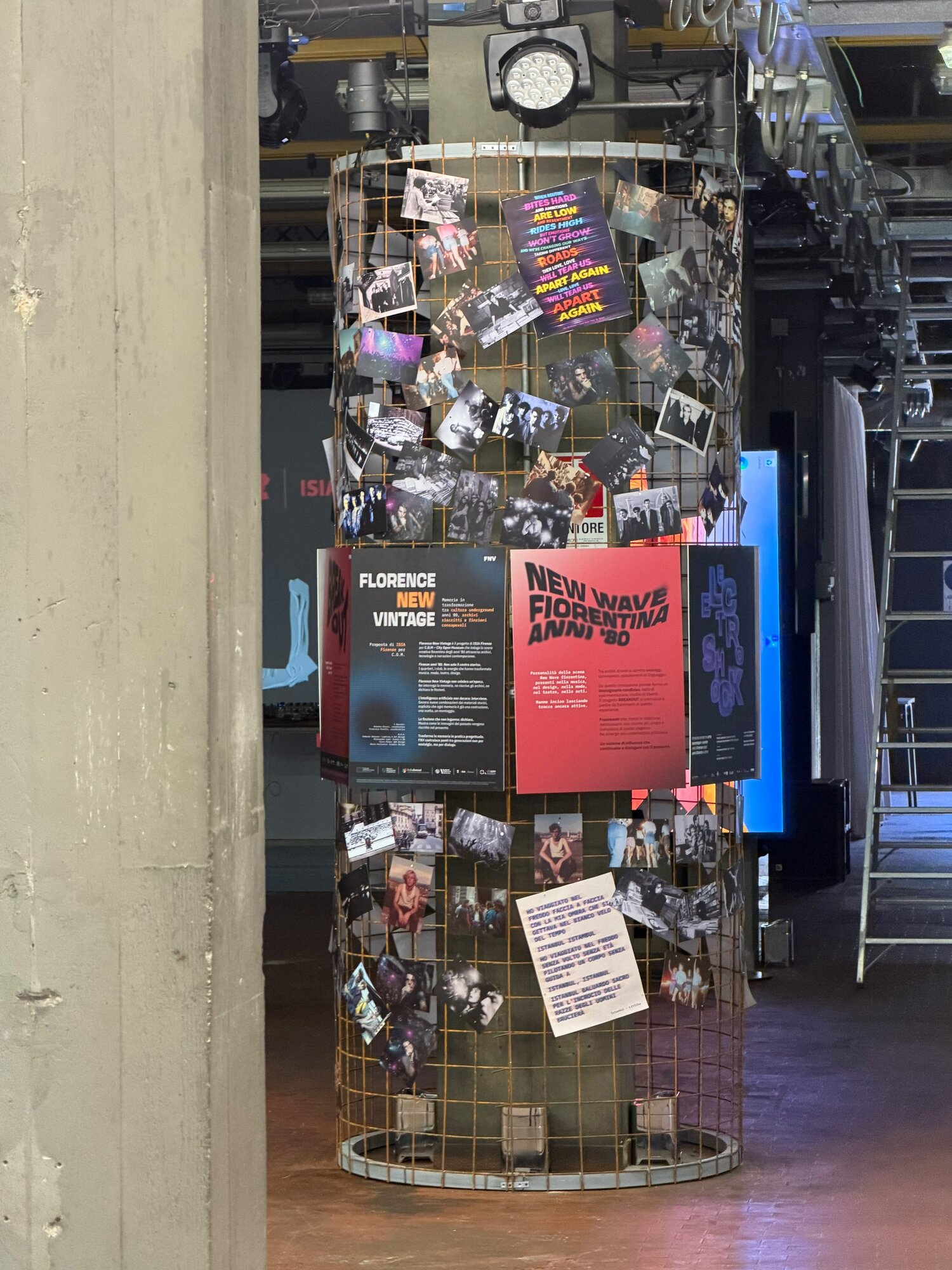 Installation about Florence's 1980s new-wave scene on a column inside the ISIA venue