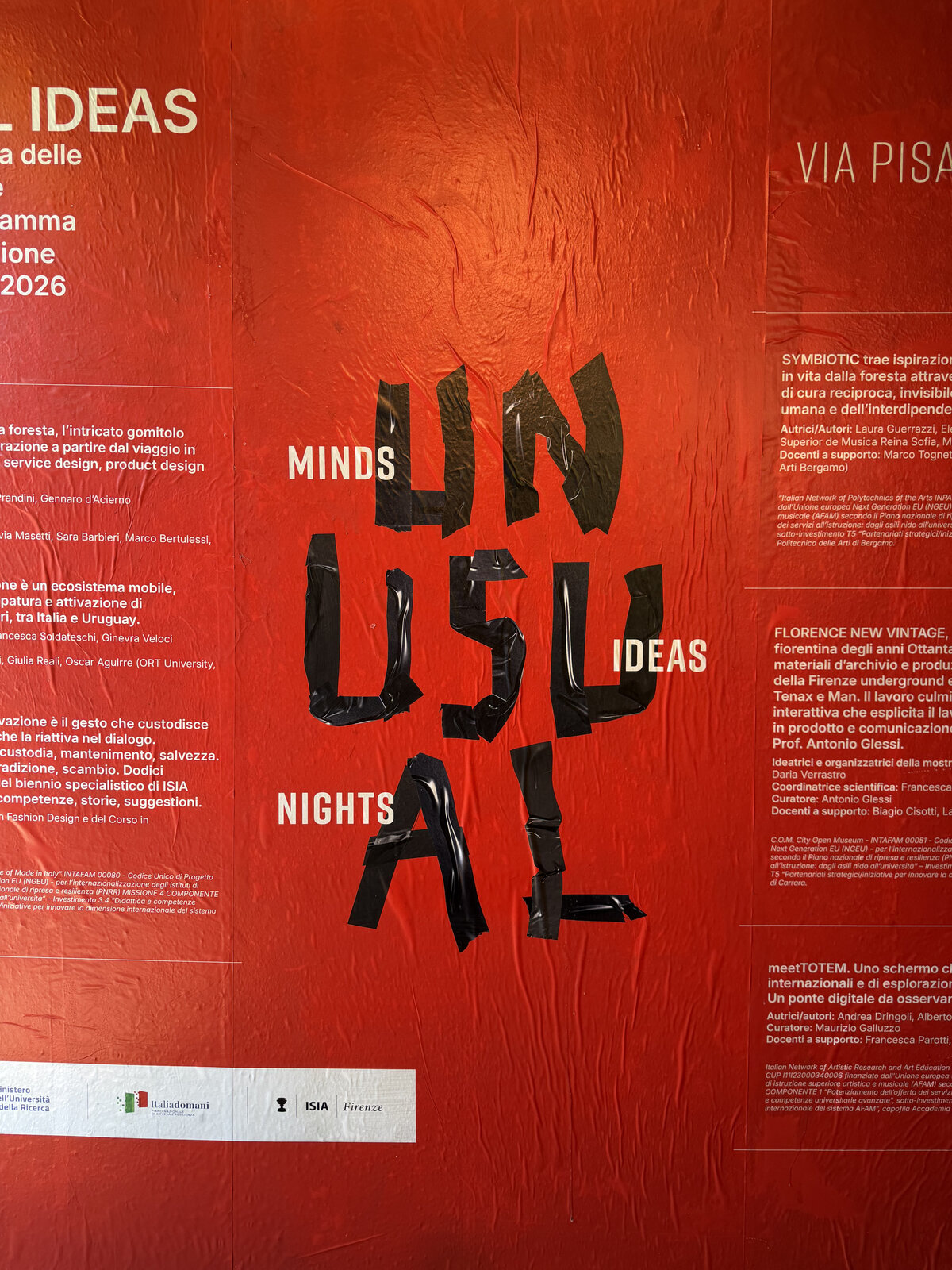 Red UNUSUAL poster describing the SYMBIOTIC, Florence New Vintage and meetTOTEM projects