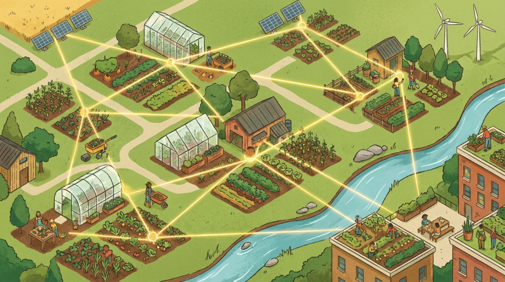 Distributed network of local farms illustrating decentralized food production