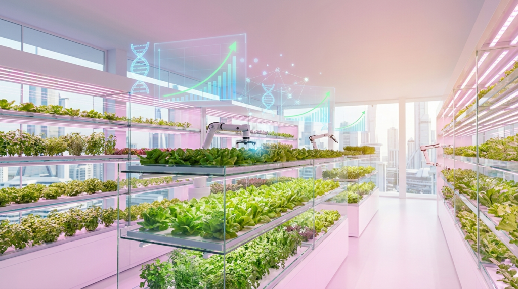 Vertical farm with data overlays illustrating exponential technologies in food and agriculture