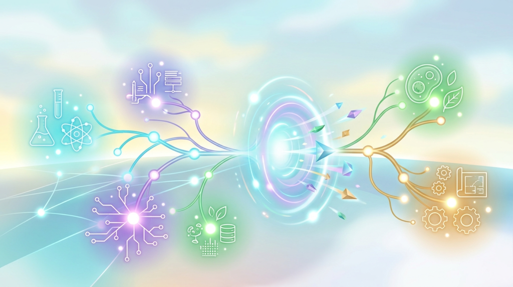 Network of nodes illustrating interdisciplinary knowledge accelerating innovation