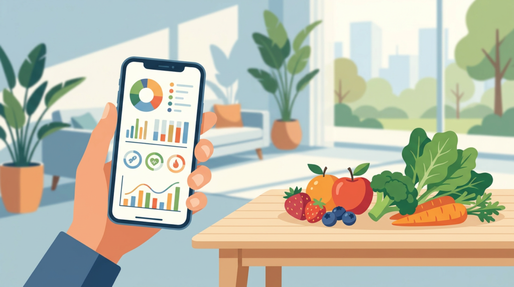 Smartphone showing health and nutrition data beside fresh produce
