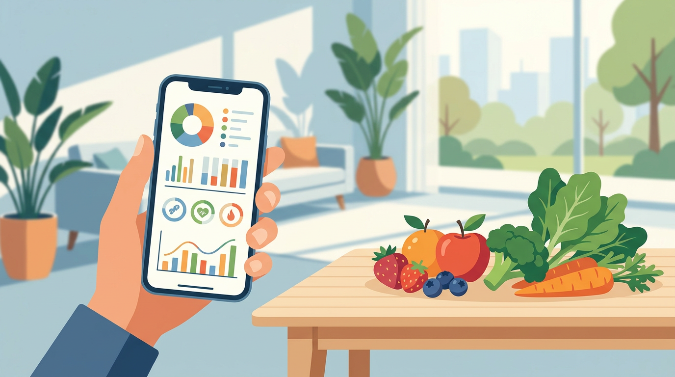 Smartphone showing health and nutrition data beside fresh produce