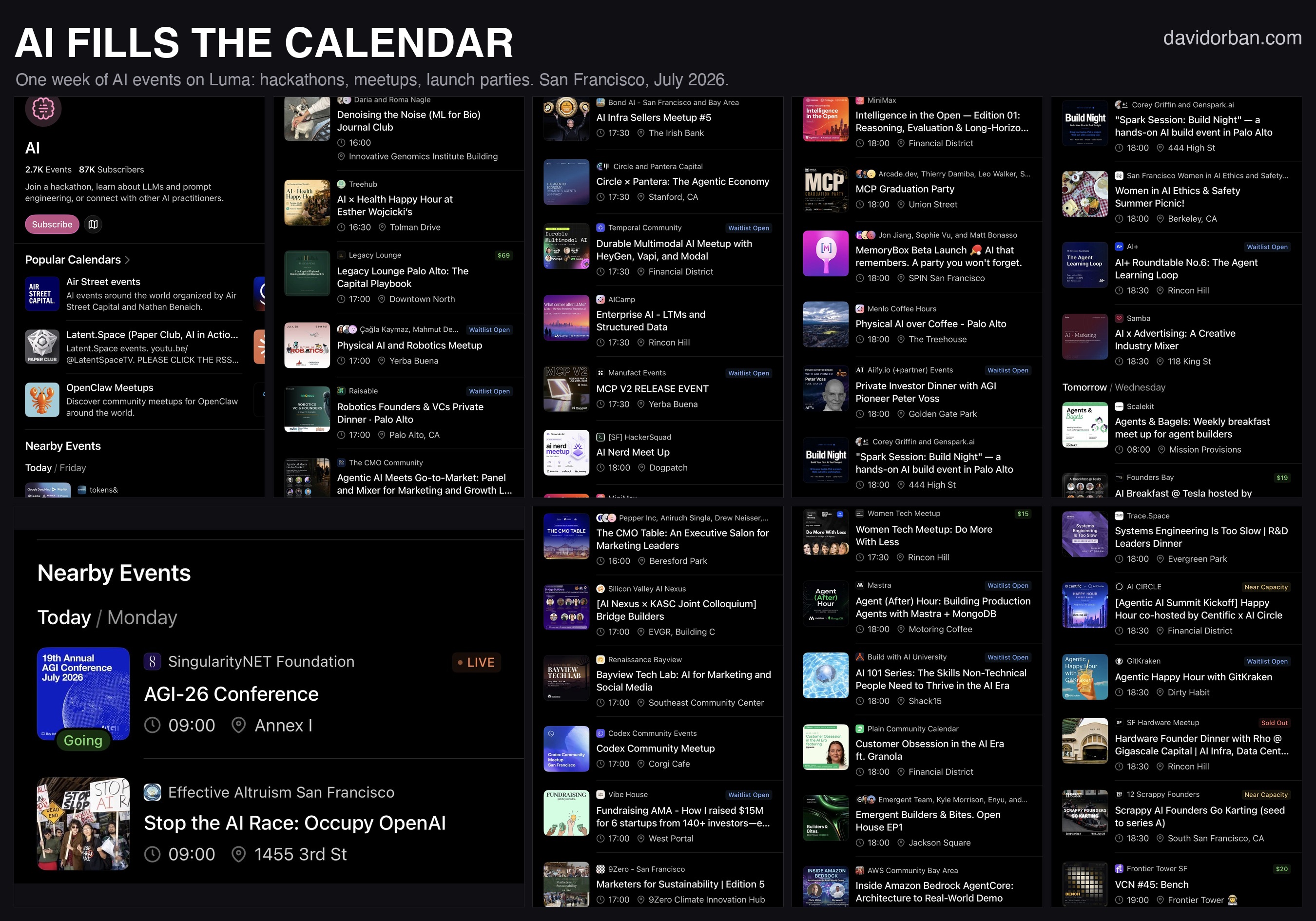 A grid of ten event listings for AI events running in San Francisco in a single week of July 2026, including the AGI-26 conference and an event titled “Stop the AI Race: Occupy OpenAI”.