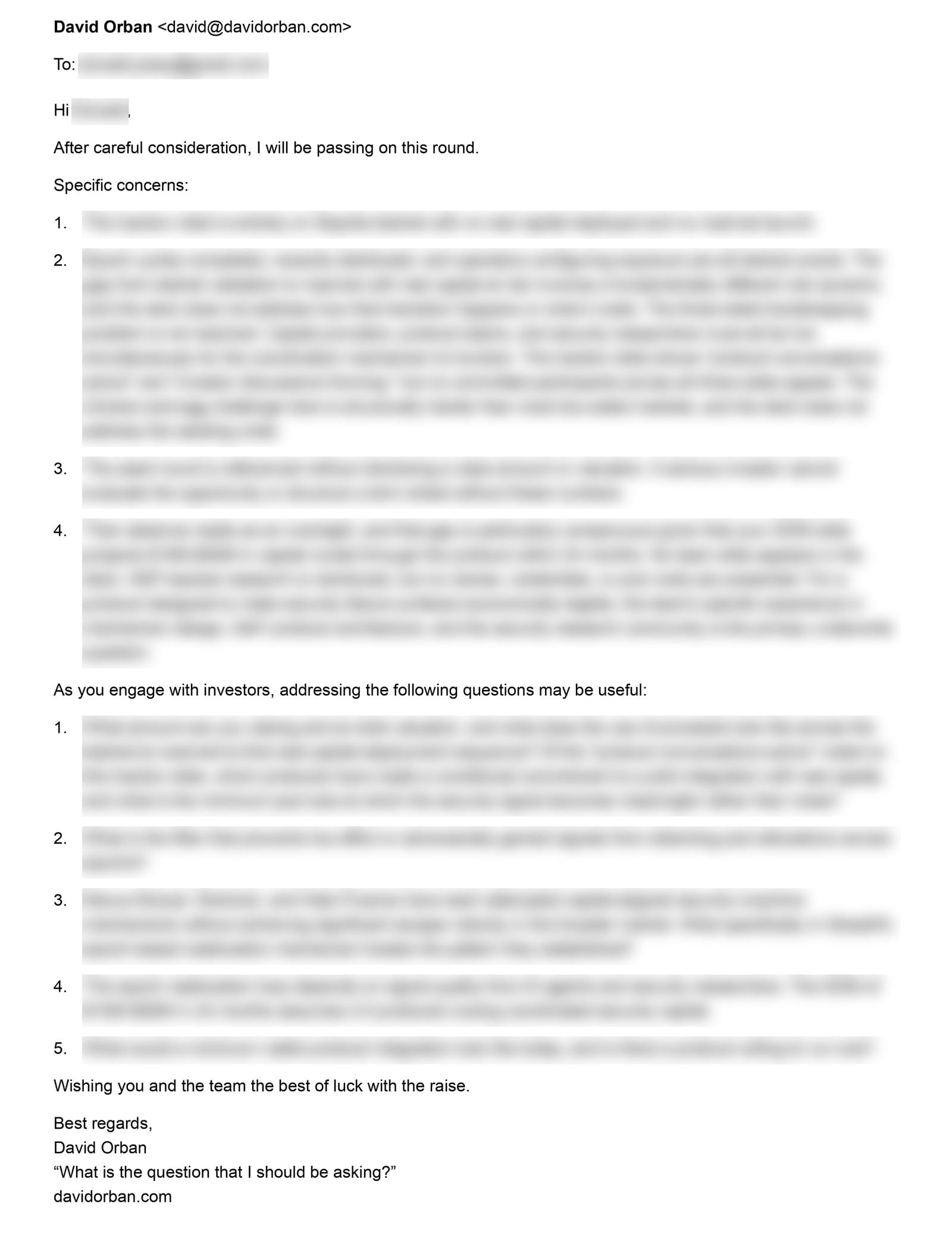 A rejection email with the recipient and deck-specific details blurred