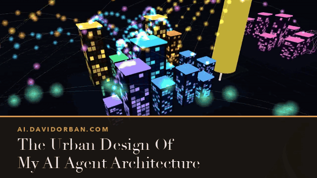 Agents rendered as a lit city block, with information arcing between them