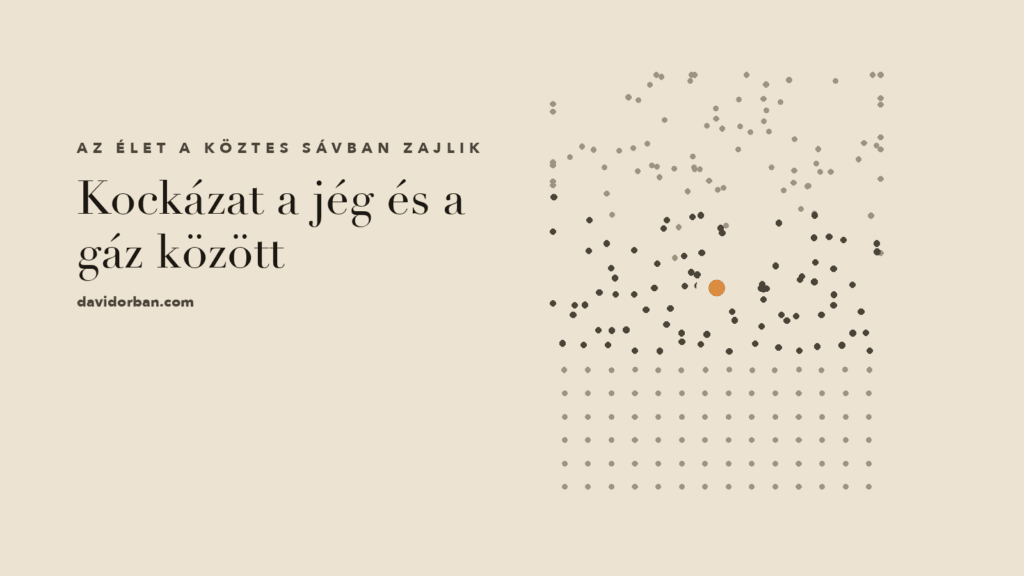 A field of small marks on a bone-coloured ground runs from order to disorder. On one side the marks sit in a rigid grid, frozen in place. On the other they are scattered at random like a gas. In the band between, where the grid still holds but every mark has shifted, the marks are drawn in ink, and a single amber mark sits inside that band.