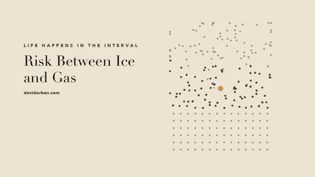 A field of small marks on a bone-coloured ground runs from order to disorder. On one side the marks sit in a rigid grid, frozen in place. On the other they are scattered at random like a gas. In the band between, where the grid still holds but every mark has shifted, the marks are drawn in ink, and a single amber mark sits inside that band.